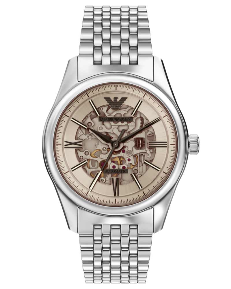 Emporio Armani Antonio skeleton automatic watch with cream dial and stainless steel bracelet