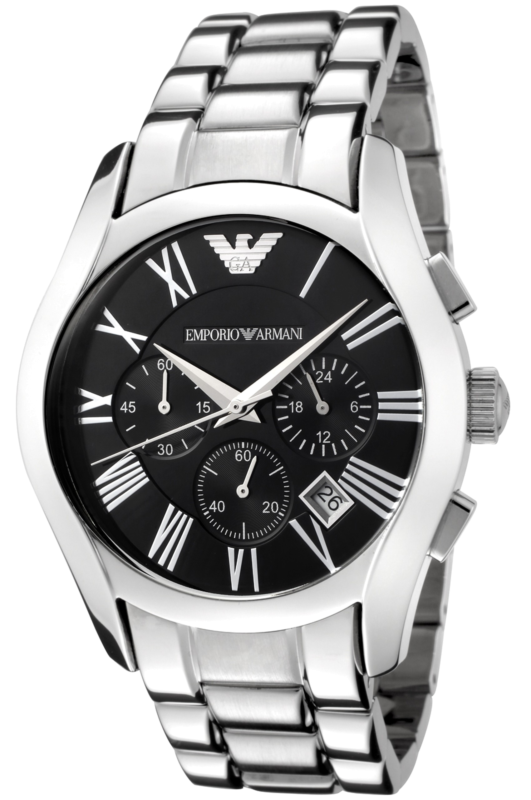 Emporio Armani Velente chronograph watch angled view showing silver bracelet and black dial with Roman numerals