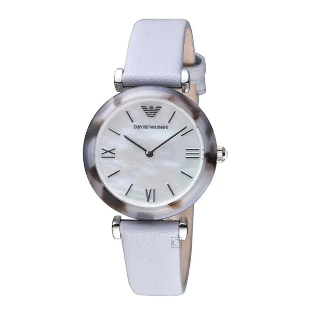 Emporio Armani AR11002 watch three-quarter view showing tortoiseshell case and dial