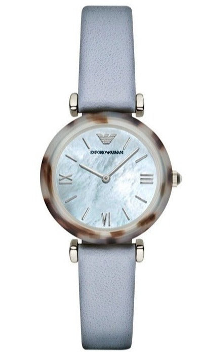 Emporio Armani AR11002 women's quartz watch with white dial and light blue strap