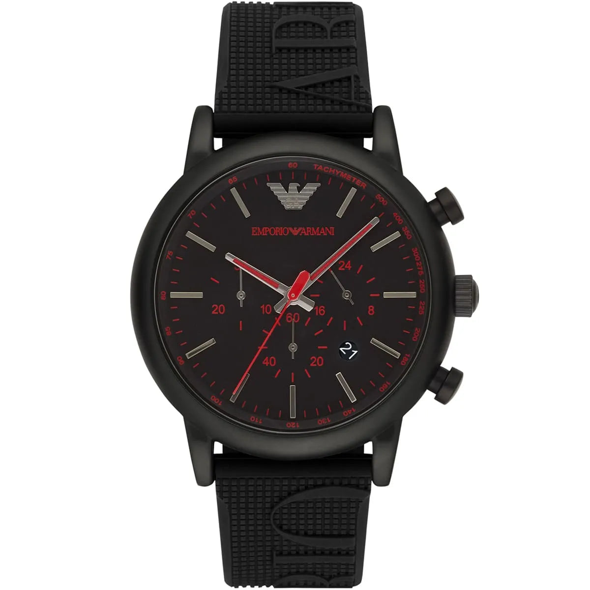 Emporio Armani AR11024 black chronograph watch with red hands and accents on black dial
