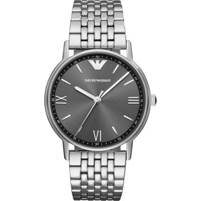Emporio Armani AR11068 watch with black dial, Roman numerals, and stainless steel bracelet