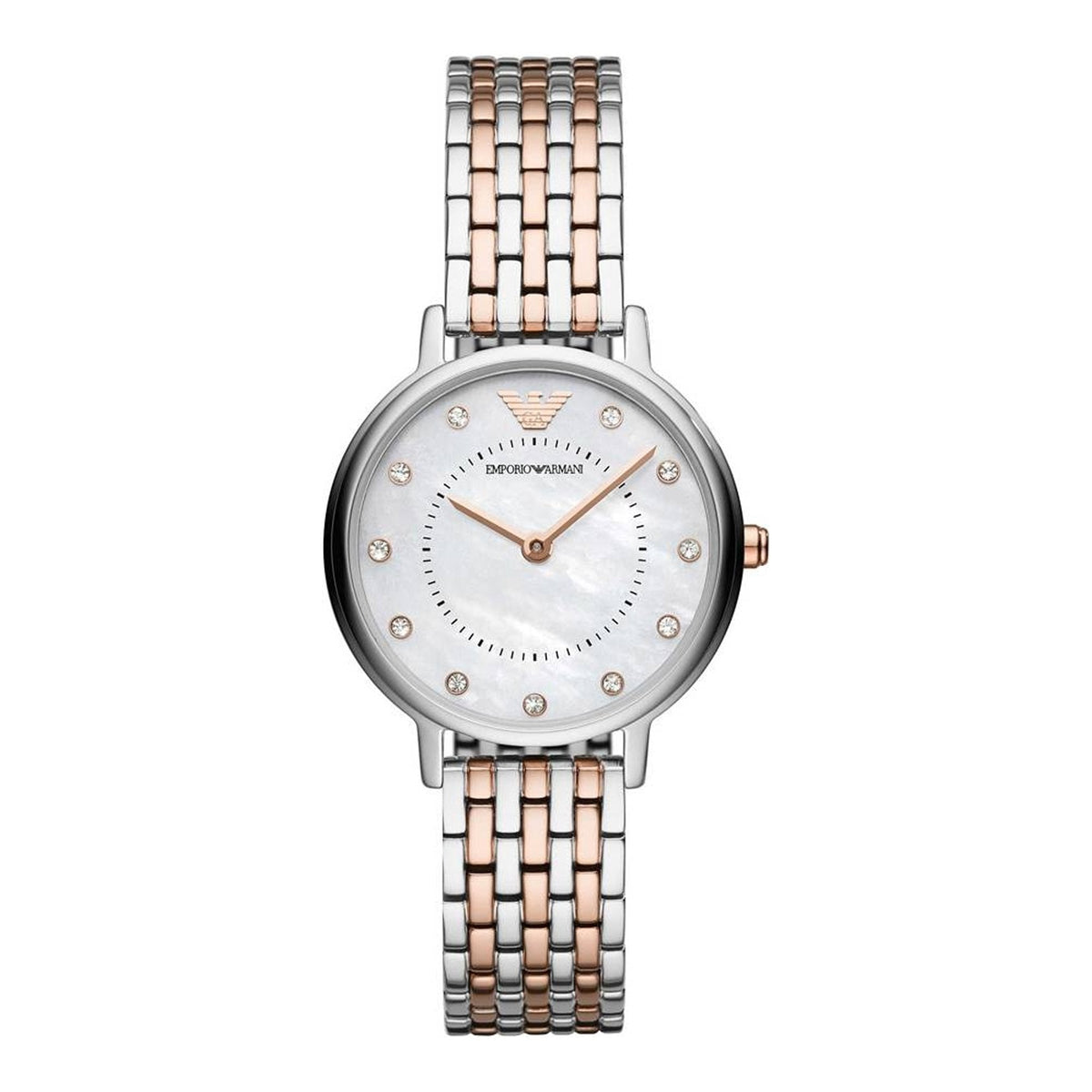 Emporio Armani AR11094 women's watch with white dial, crystal hour markers, and two-tone steel bracelet