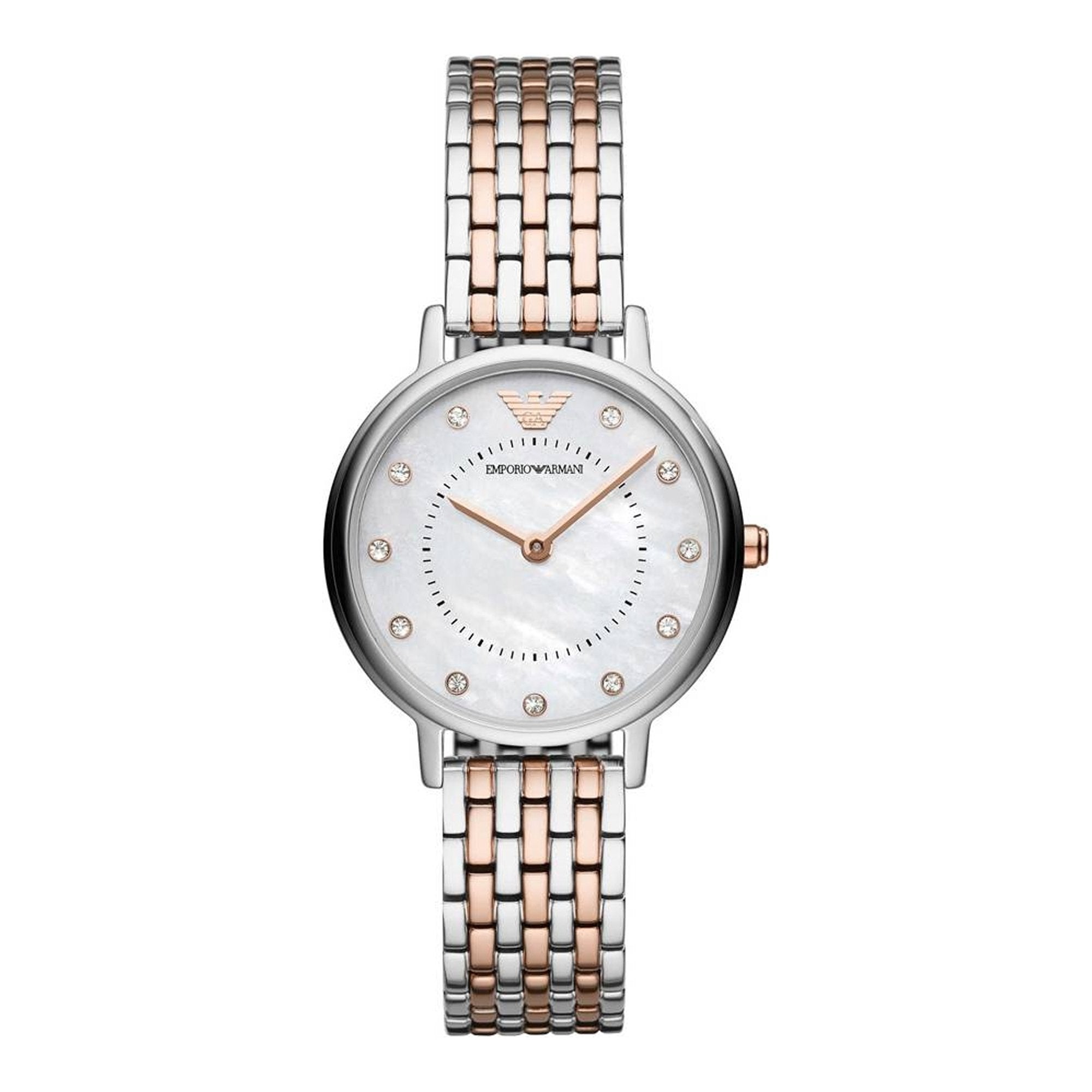 Emporio Armani AR11094 women's watch with white dial, crystal hour markers, and two-tone steel bracelet