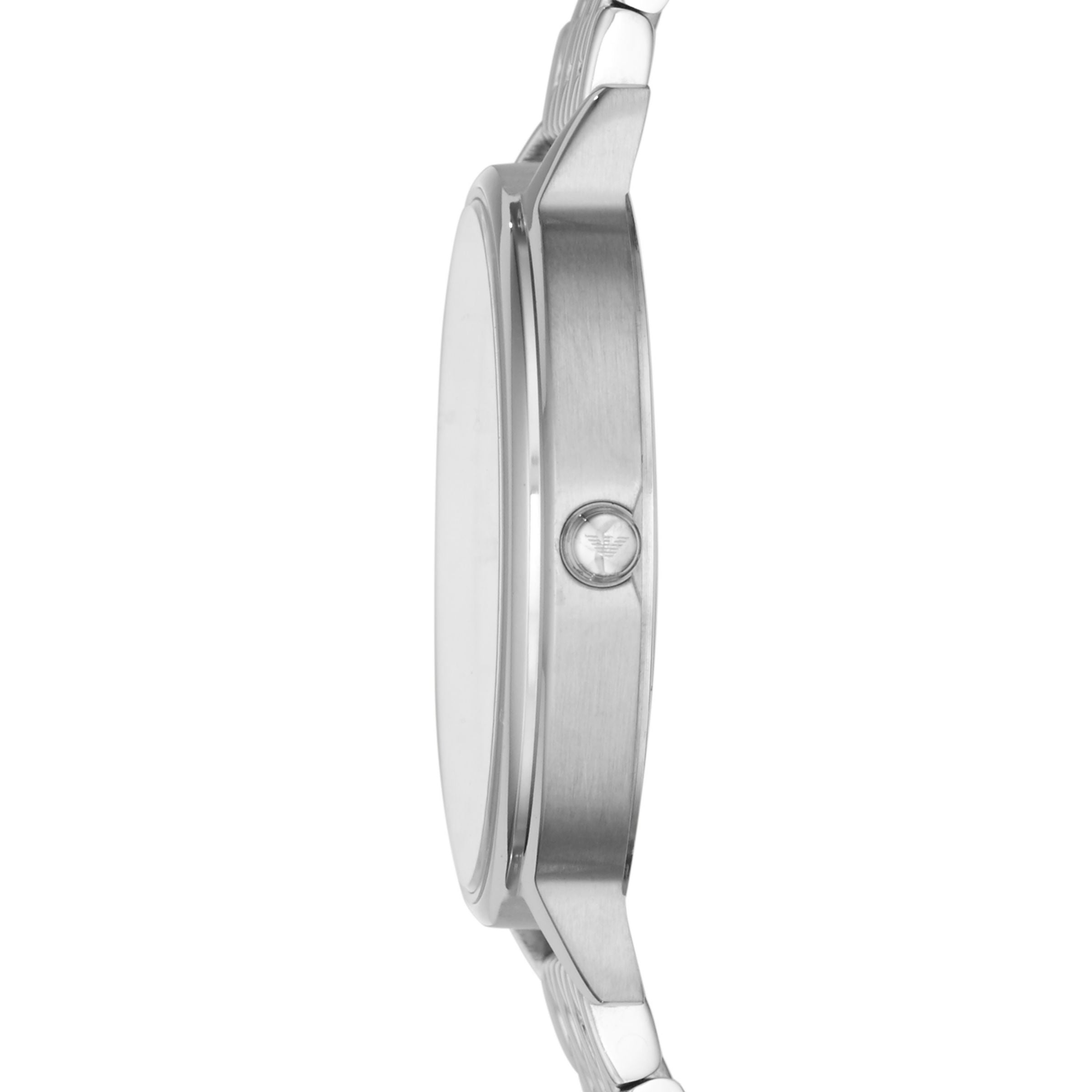 Side profile of Emporio Armani AR11112 watch case showing stainless steel construction and depth
