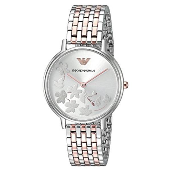 Emporio Armani AR11113 watch angled view showing silver dial with floral motif and two-tone strap