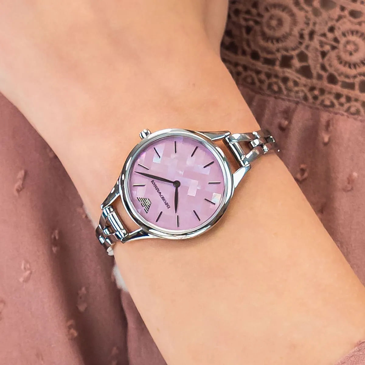 Emporio Armani Aurora Pink Dial Silver Steel Strap Watch AR11122