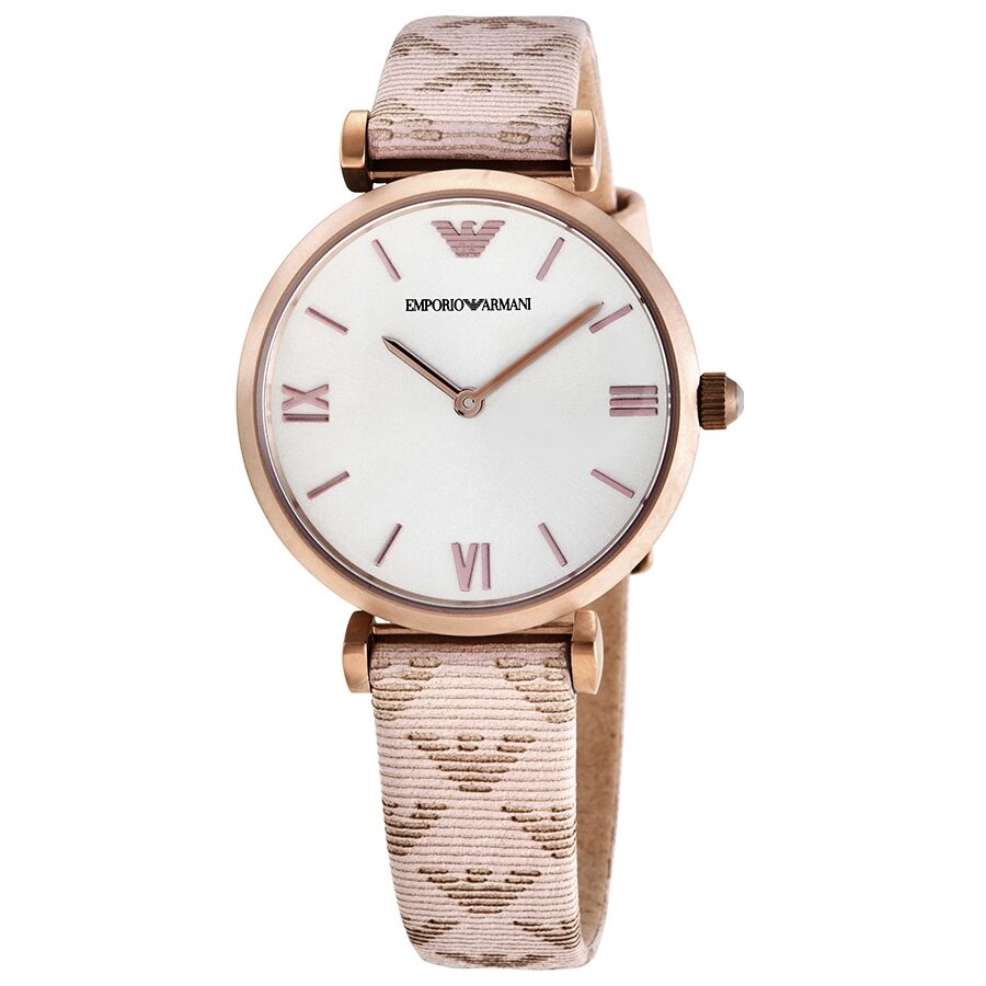 Emporio Armani AR11126 ladies watch with white dial, Roman numerals, rose gold case and beige leather strap