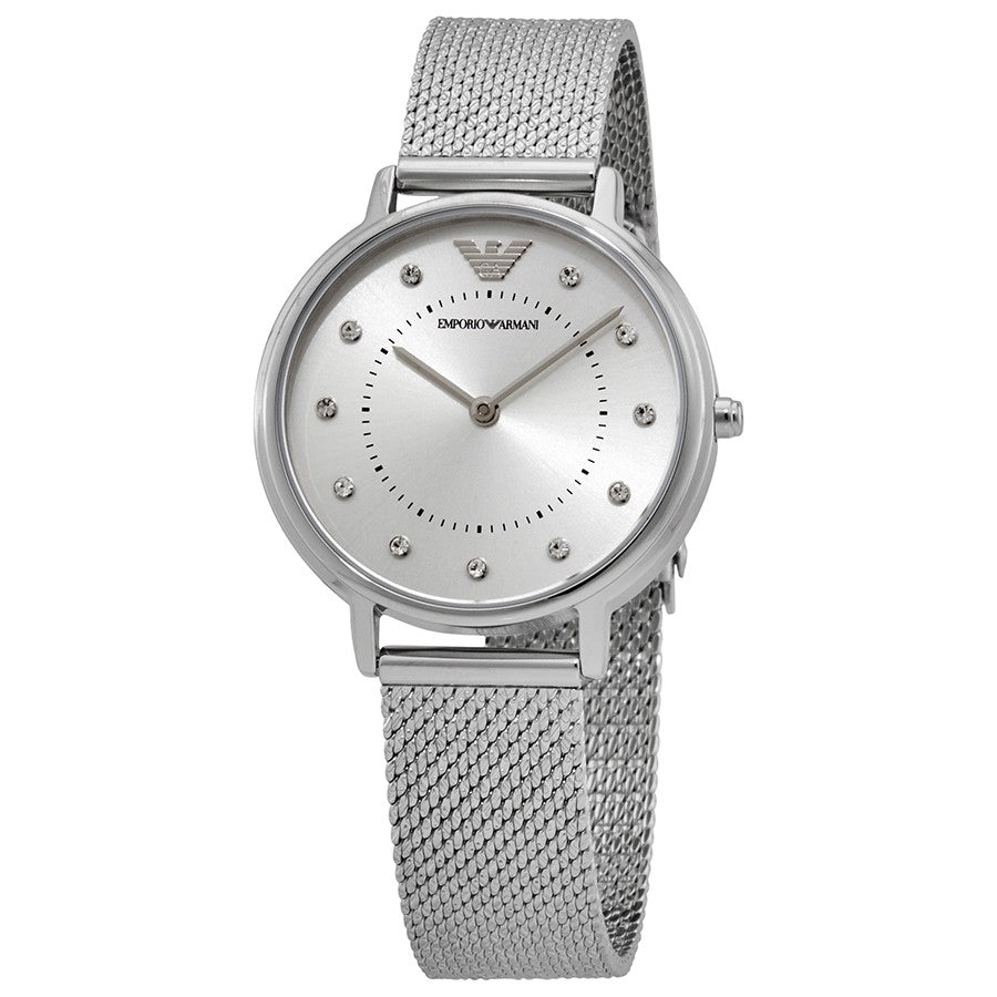 Emporio Armani ladies quartz watch with silver dial, crystal hour markers, and mesh bracelet