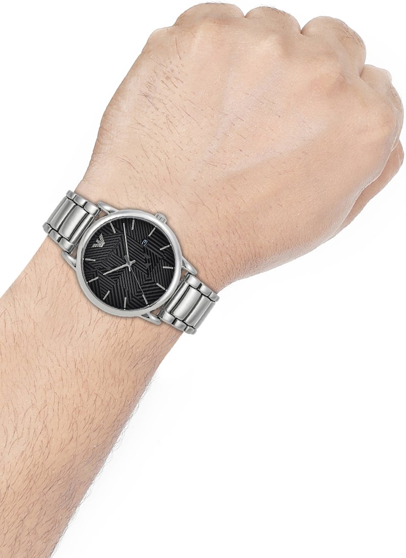 Emporio Armani AR11134 watch on wrist with grey dial and stainless steel bracelet