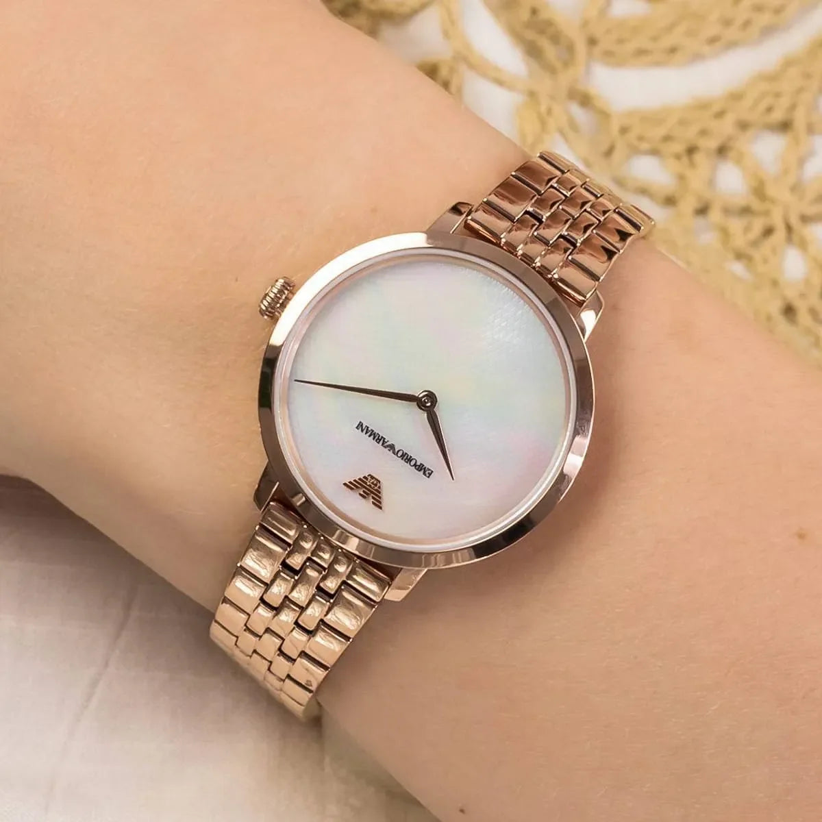 Emporio Armani Modern Rose Gold Slim White Mother of Pearl Dial Watch AR11158