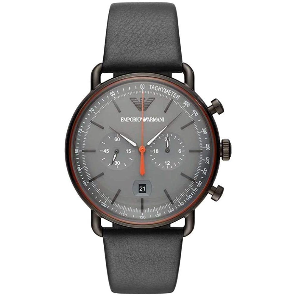 Emporio Armani AR11168 men's aviator chronograph watch with gray dial, red hands, and black leather strap