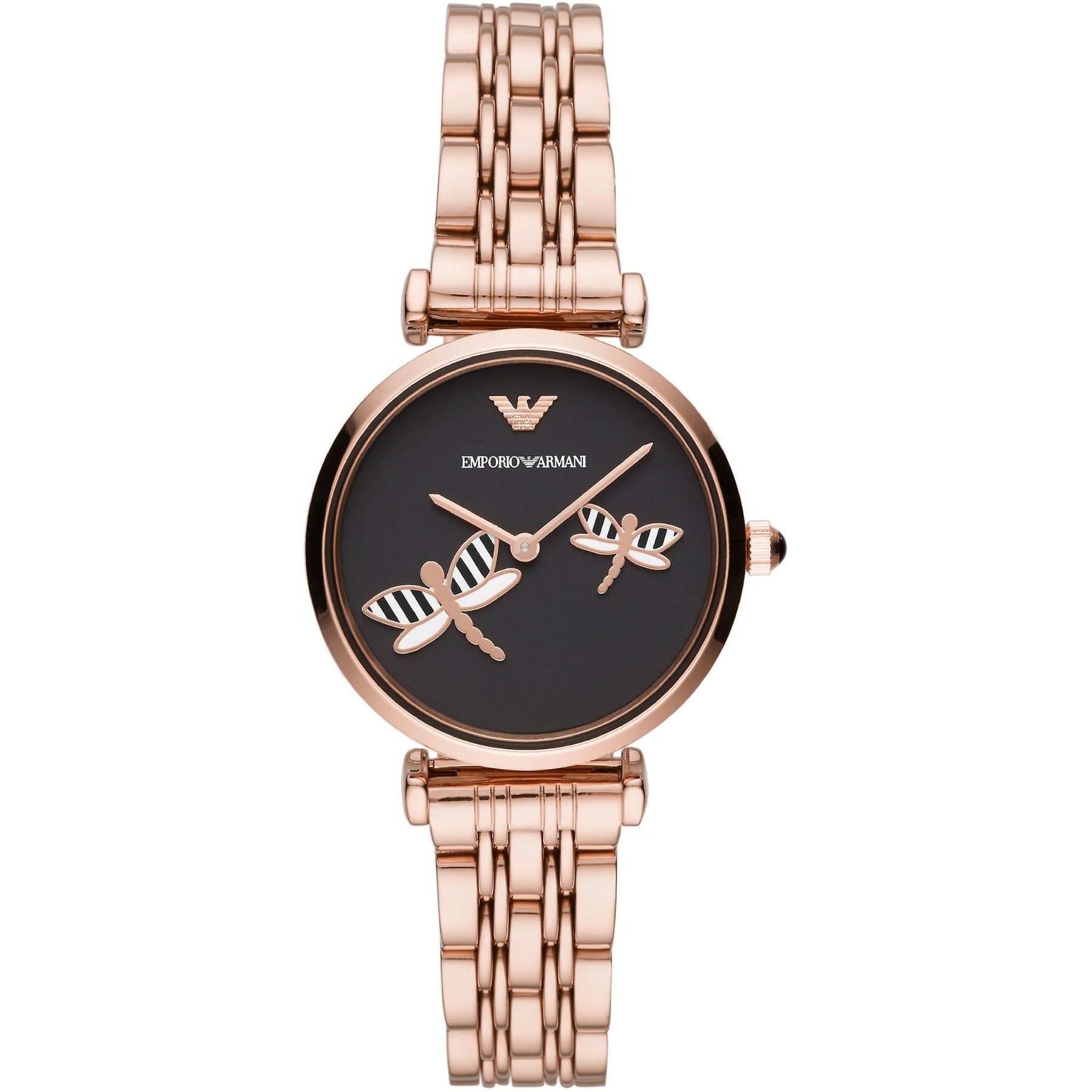 Emporio Armani Gianni T-Bar rose gold women's watch with black dial and butterfly design