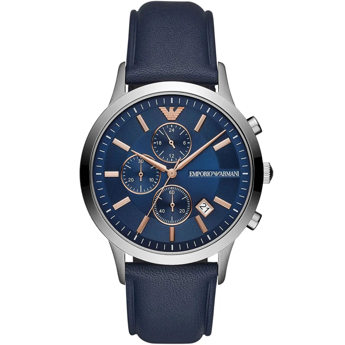 Emporio Armani AR11216 silver chronograph watch with blue dial and navy leather strap