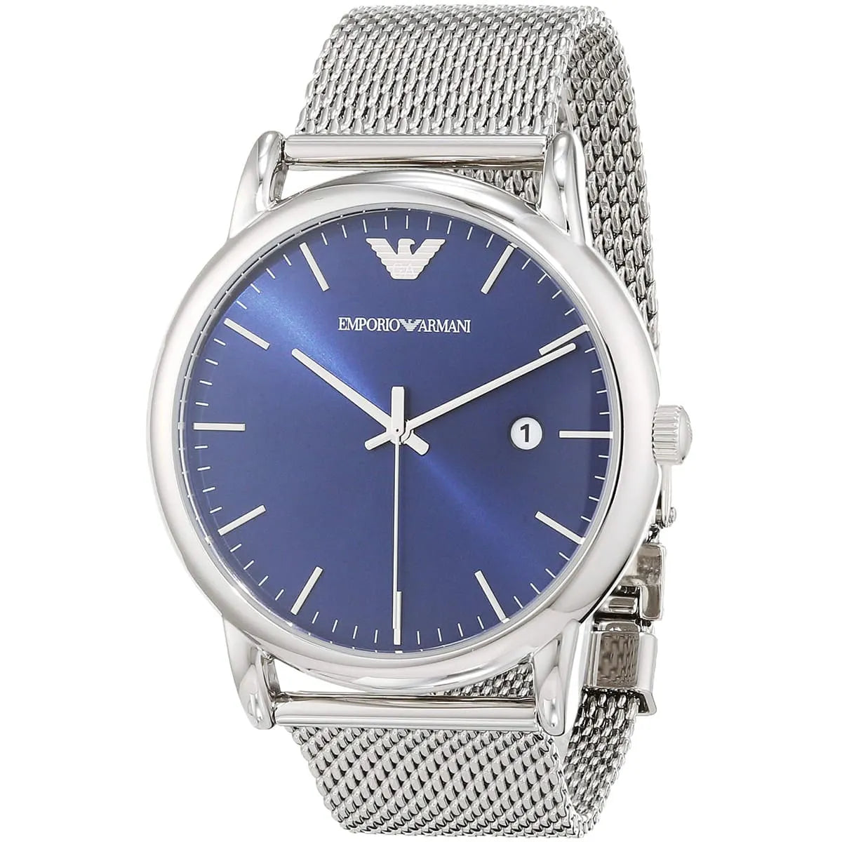 Emporio Armani AR11230 watch angled view showing blue dial and silver mesh band