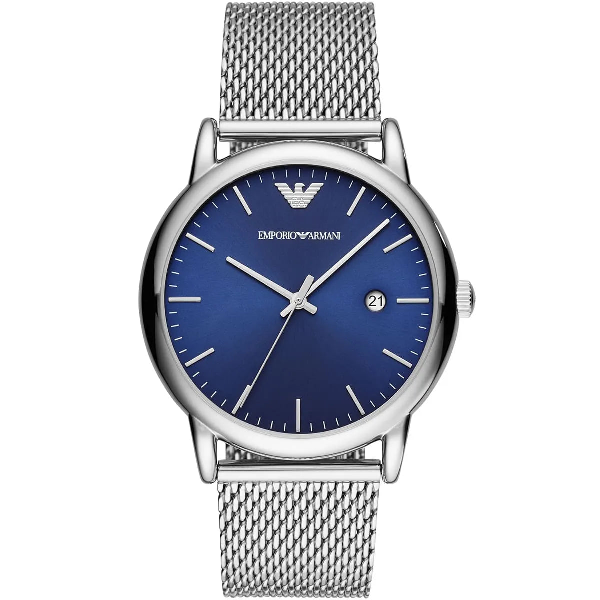 Emporio Armani AR11230 silver men's watch with blue dial and mesh strap, front view