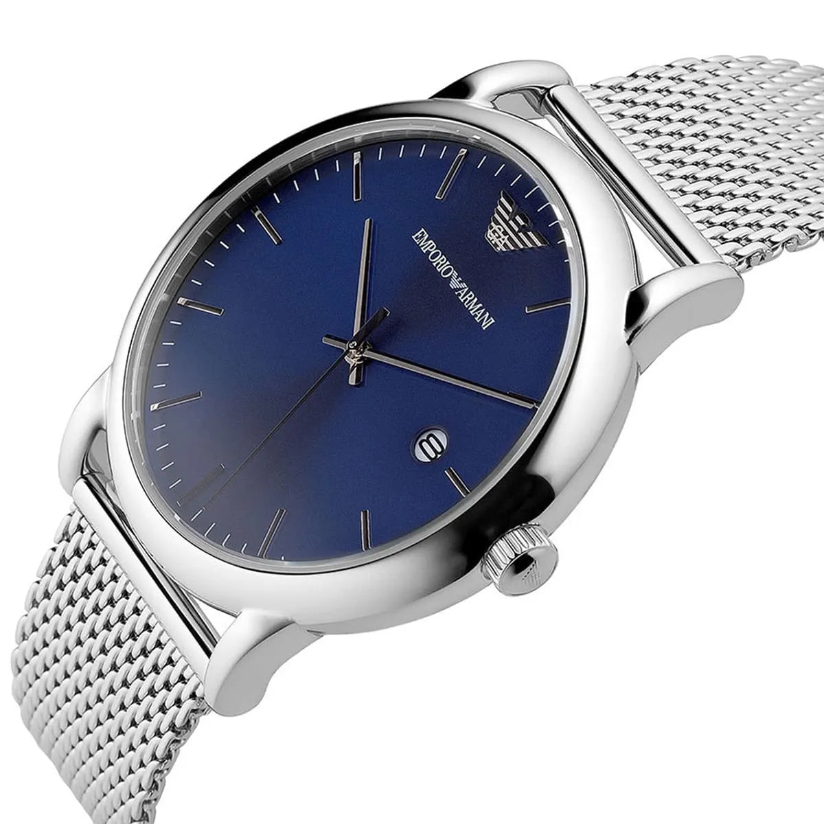 Emporio Armani AR11230 side profile with mesh strap and silver case