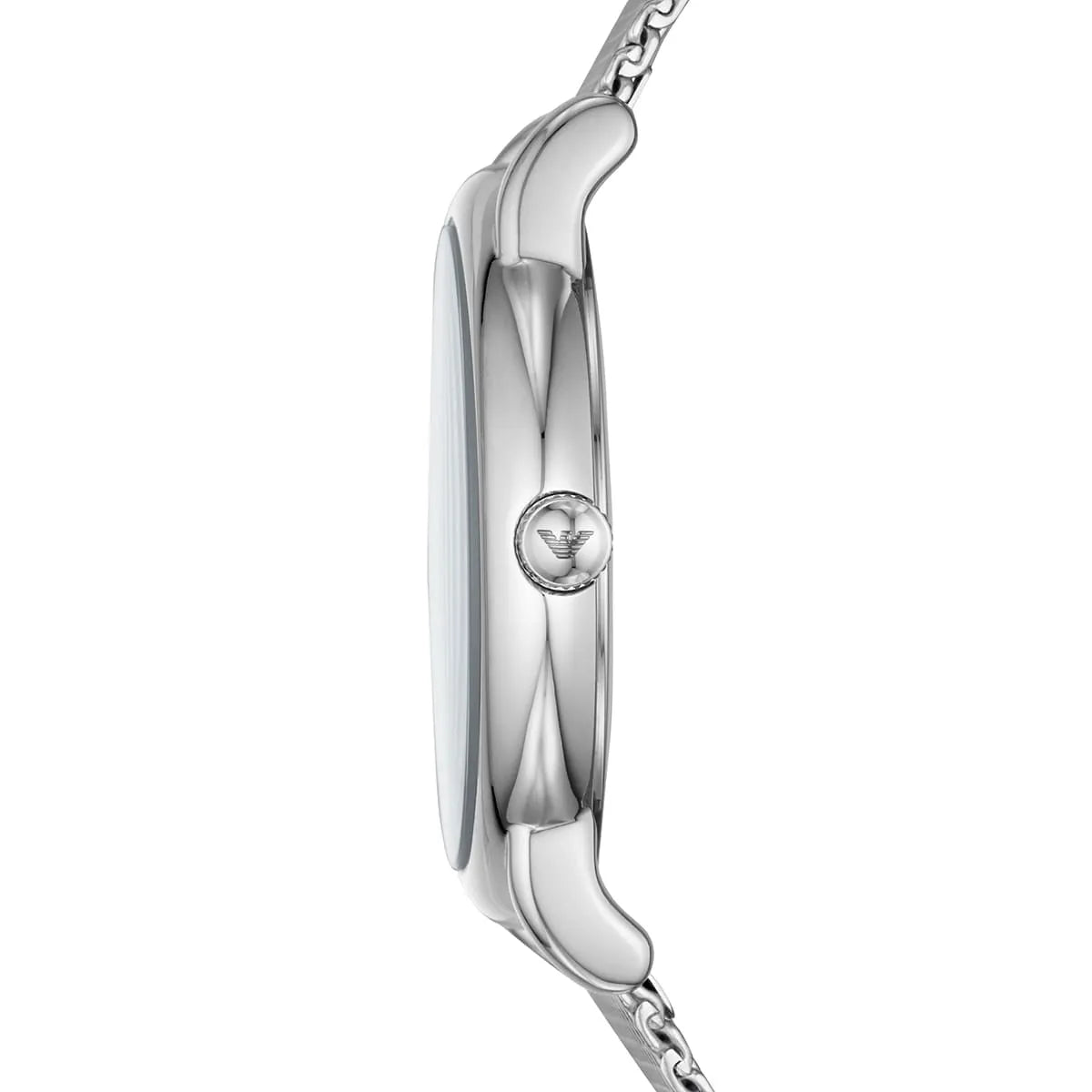 Emporio Armani AR11230 side view of silver mesh strap and watch profile