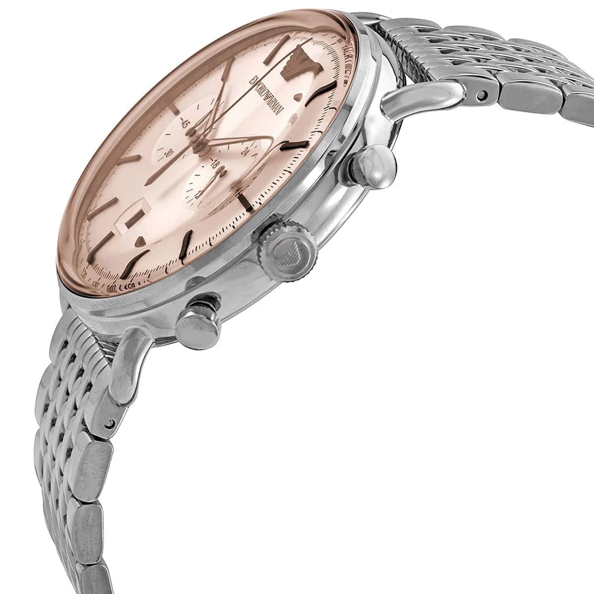 Emporio Armani AR11239 watch at angle showing beige dial and stainless steel strap