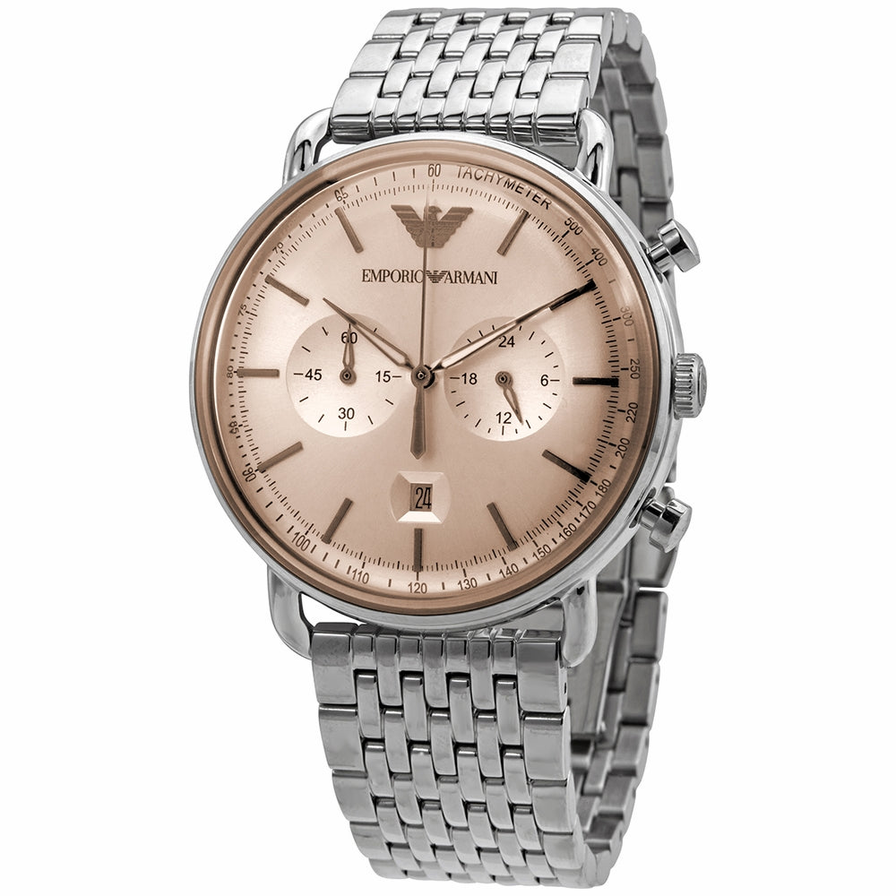 Emporio Armani Aviator AR11239 chronograph watch with beige dial and stainless steel bracelet