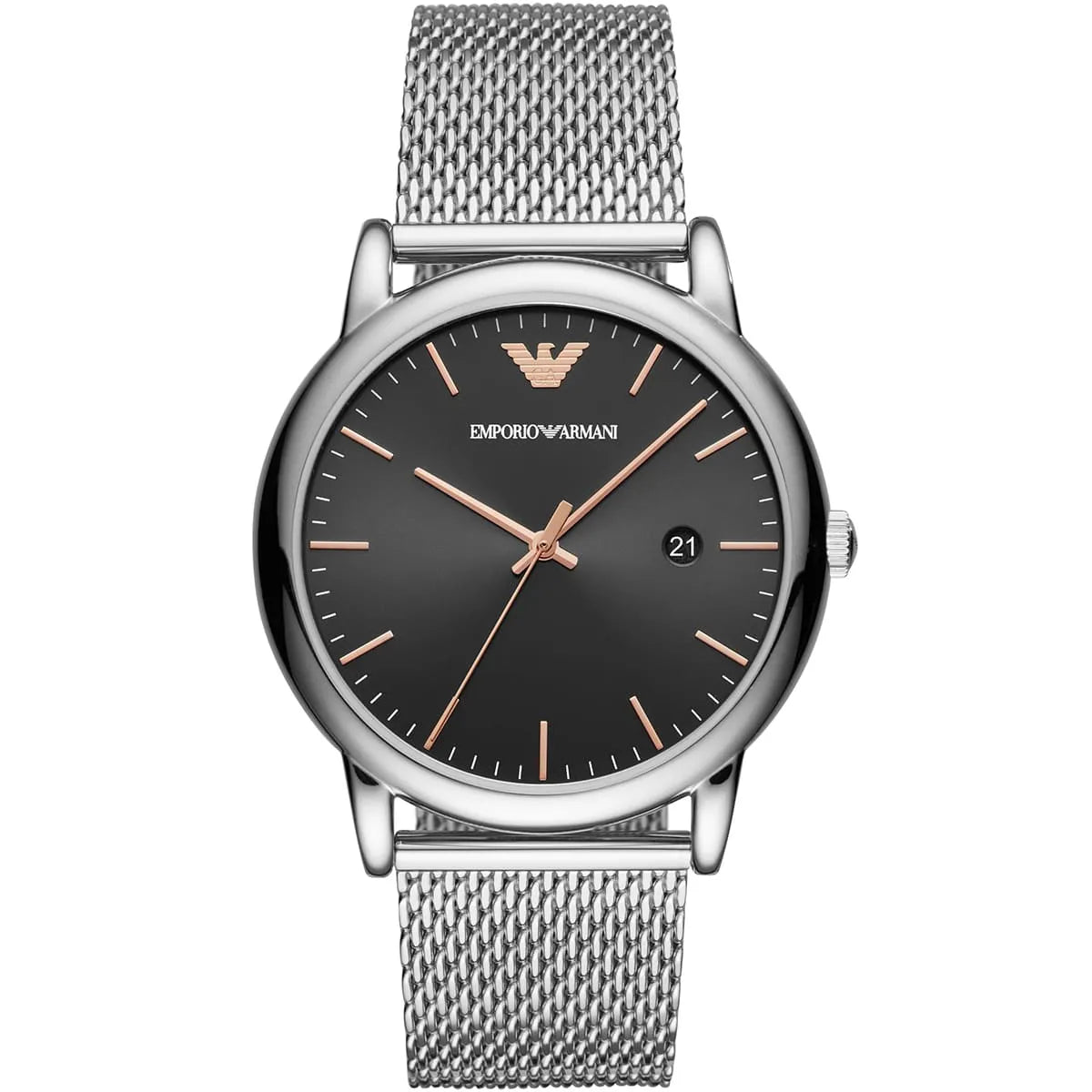 Emporio Armani AR11272 silver mesh watch with black dial and rose gold accents
