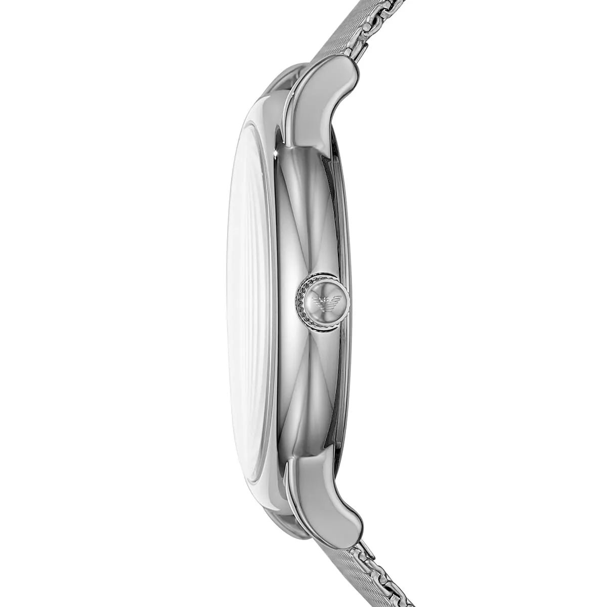 Side view of Emporio Armani AR11272 watch case and silver mesh bracelet