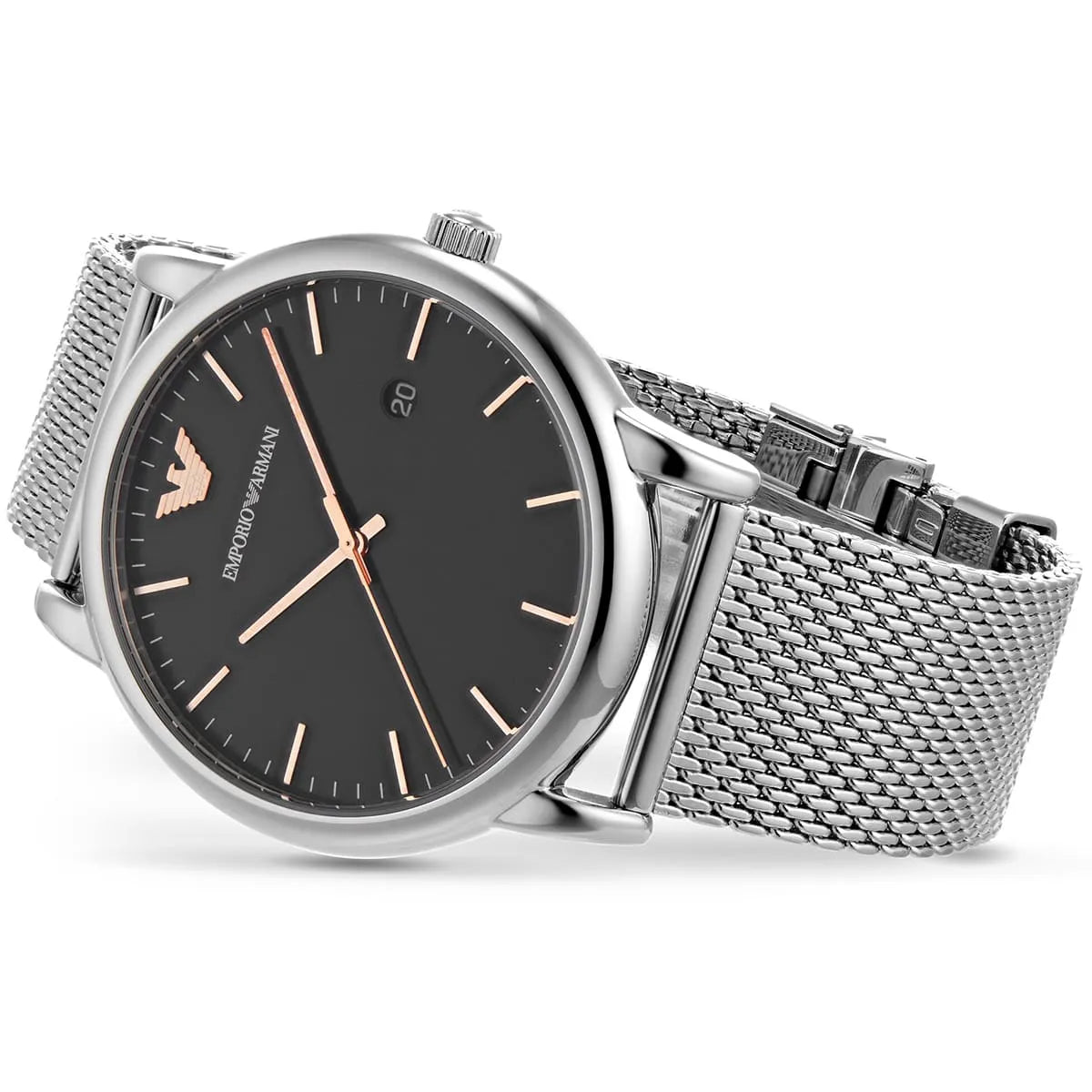 Emporio Armani AR11272 men's watch worn on wrist with silver mesh strap