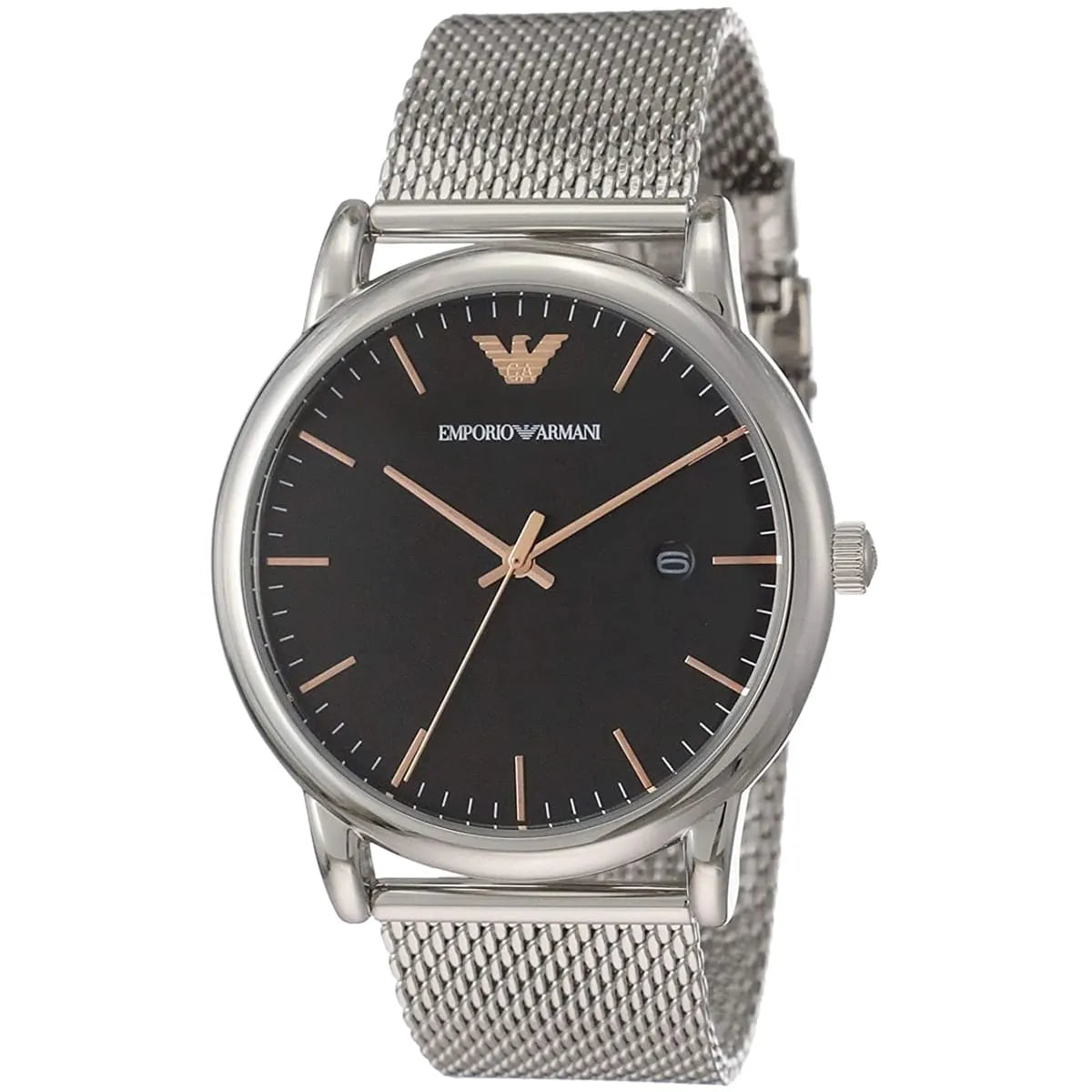 Three-quarter view of Emporio Armani AR11272 watch with mesh strap and black dial