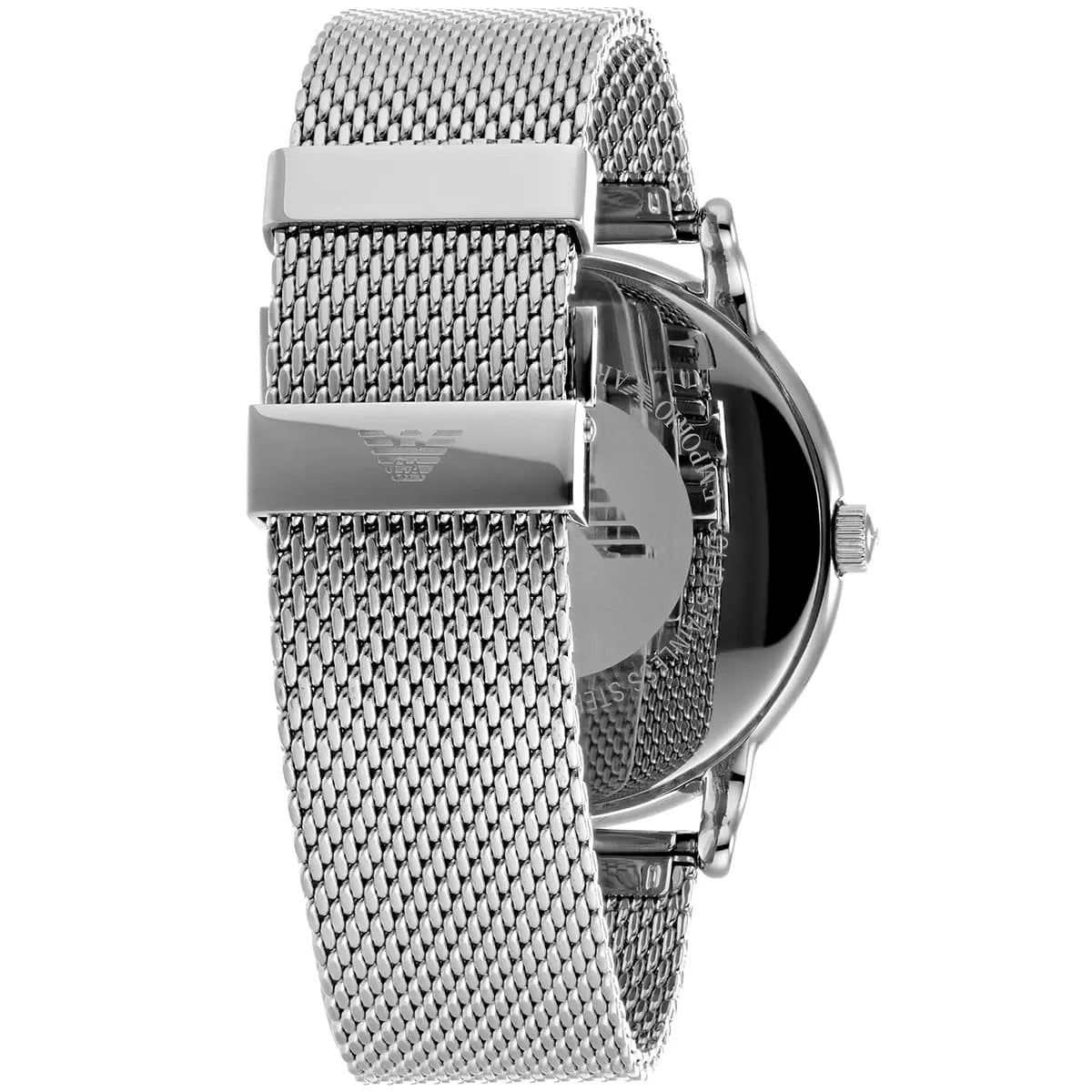 Side profile of Emporio Armani AR11272 showing silver mesh band and case depth