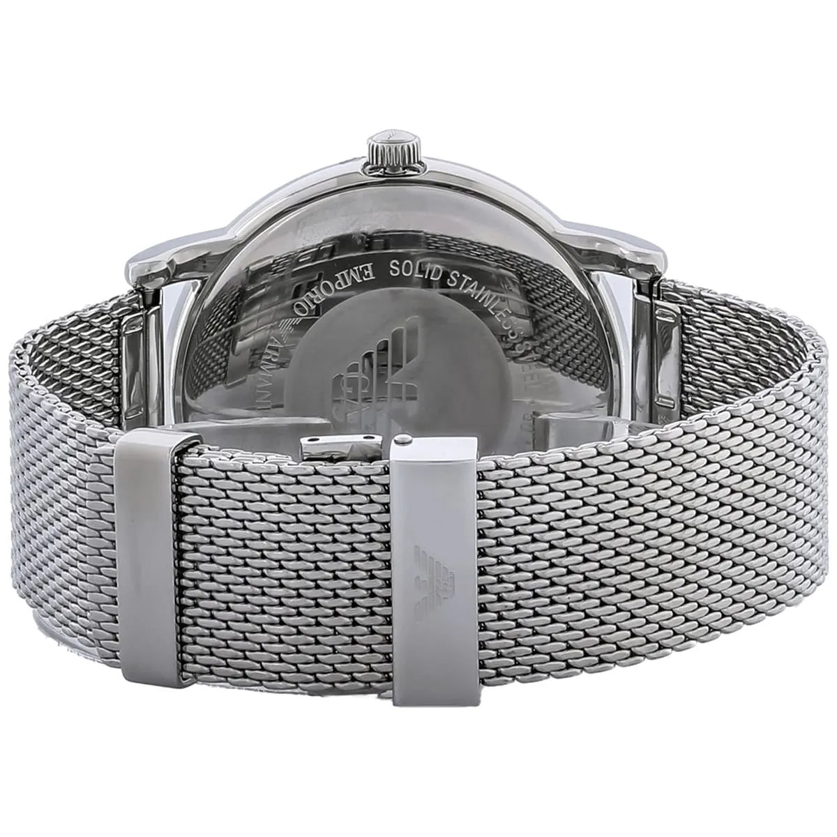 Caseback of Emporio Armani AR11272 with silver mesh band view