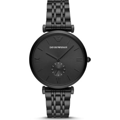 Emporio Armani AR11299 black dial watch with Roman numerals and stainless steel bracelet