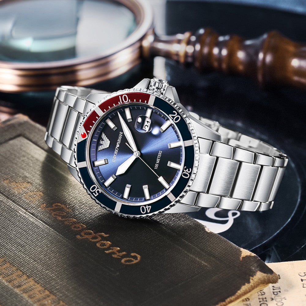 Emporio Armani AR11339 watch displayed on leather with magnifying glass