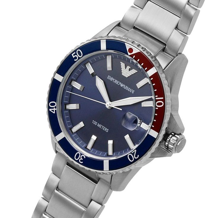 AR11339 stainless steel watch angled view showing date window and bracelet