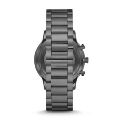 Caseback view of Emporio Armani AR11348 watch with gunmetal steel bracelet