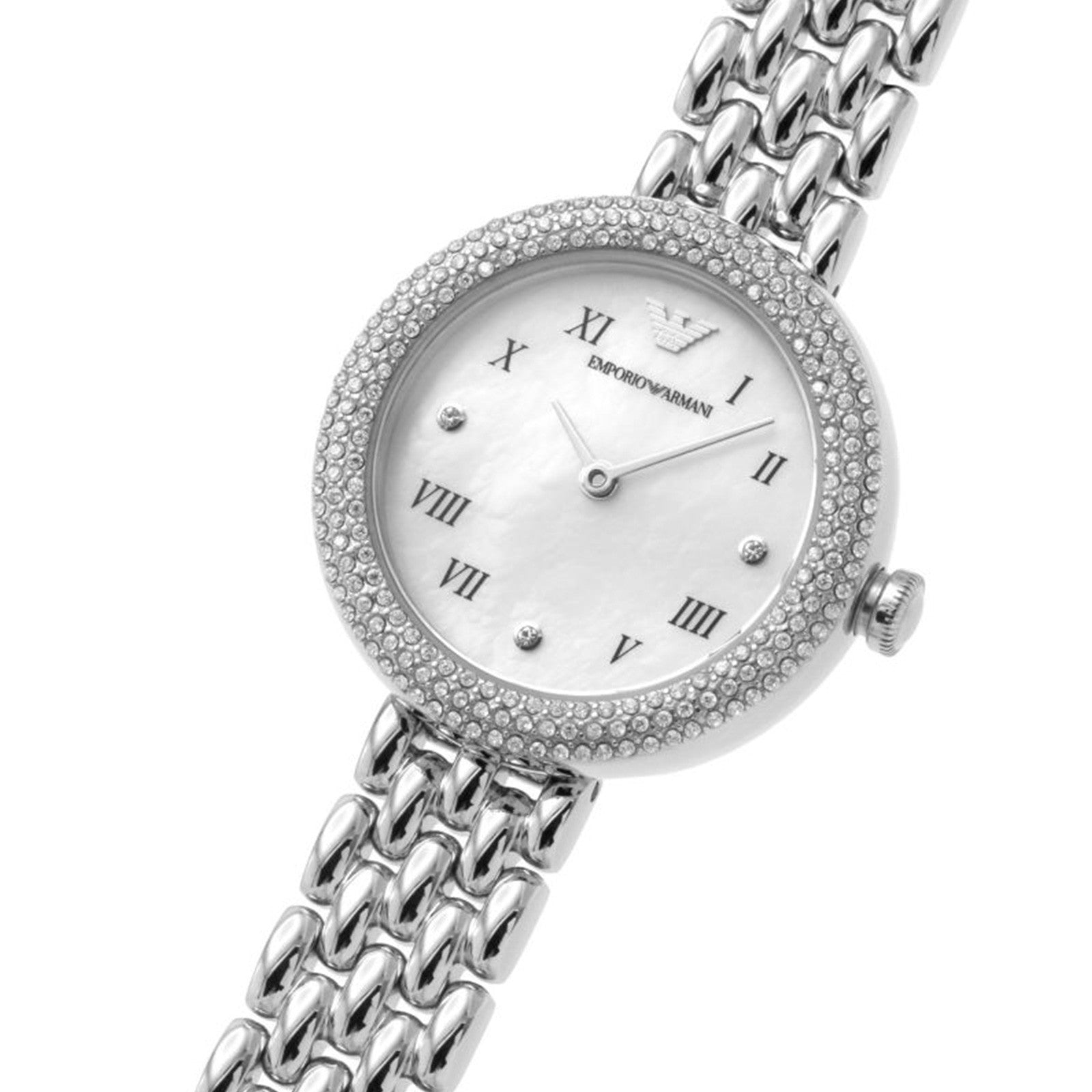 Emporio Armani AR11354 watch angle view showing crystal bezel and steel link bracelet