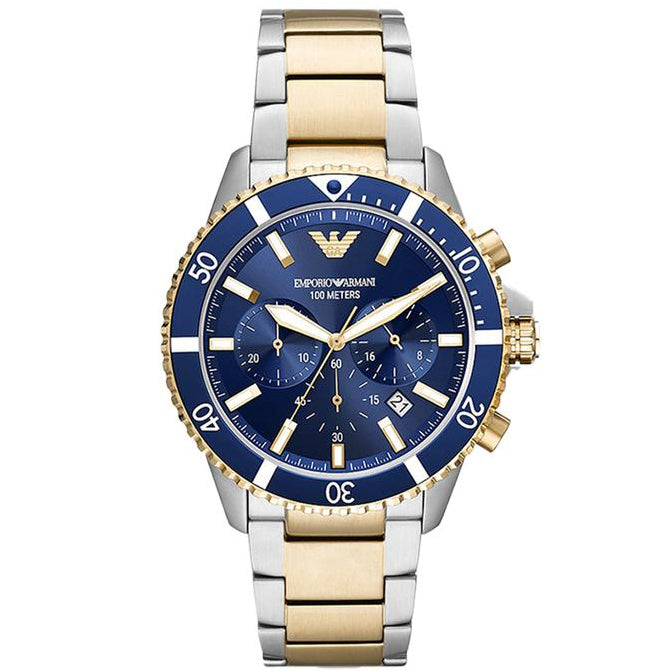 Emporio Armani diver chronograph watch with blue dial and two-tone metal bracelet