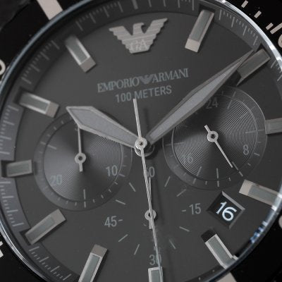 Emporio Armani AR11363 dial close-up showing chronograph subdials and tachymeter