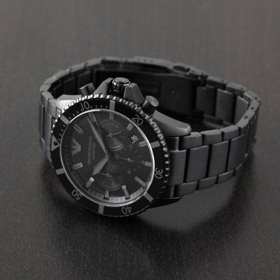 Emporio Armani AR11363 black chronograph watch worn on wrist