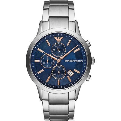 Emporio Armani AR11458 chronograph watch with blue dial, rose gold indices, and steel bracelet