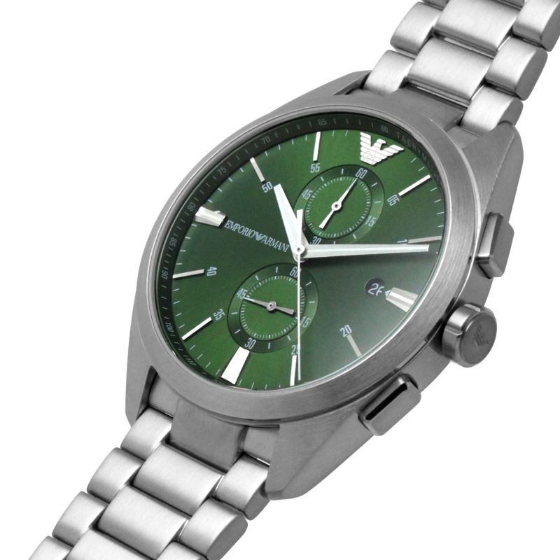 AR11480 chronograph watch angled view showing silver bracelet and green dial detail