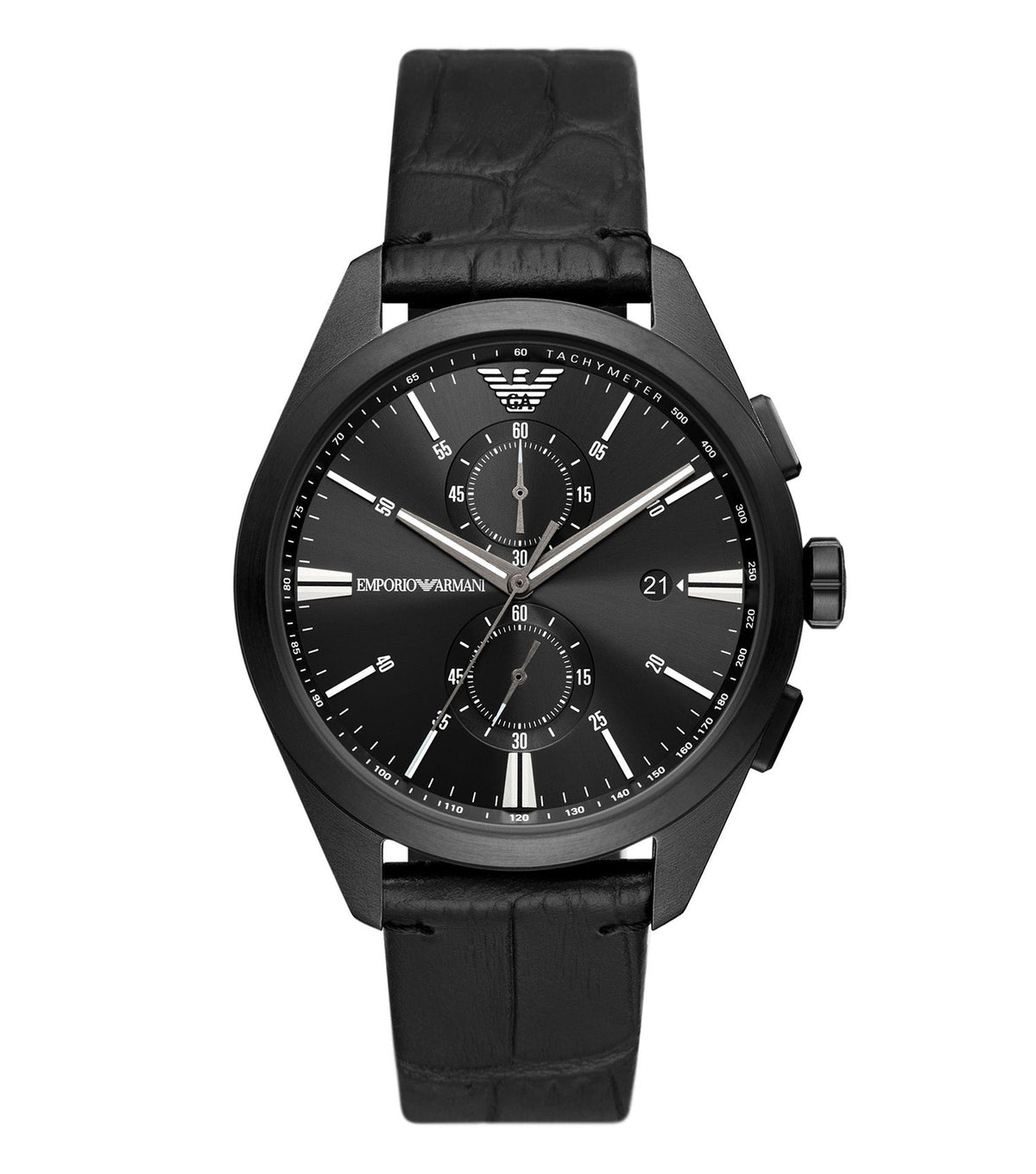 Emporio Armani AR11483 chronograph quartz watch with black dial and black leather strap