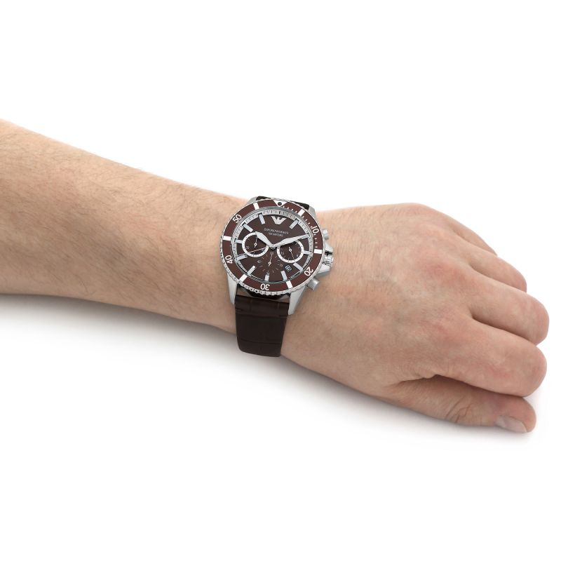 Emporio Armani AR11486 chronograph watch worn on wrist showing brown dial and leather strap