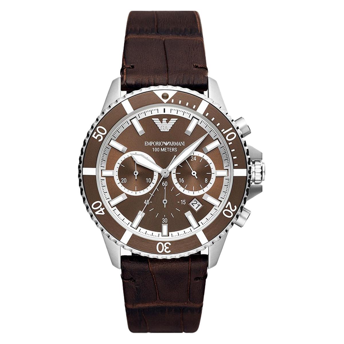 Emporio Armani AR11486 chronograph watch with brown dial and brown leather strap front view