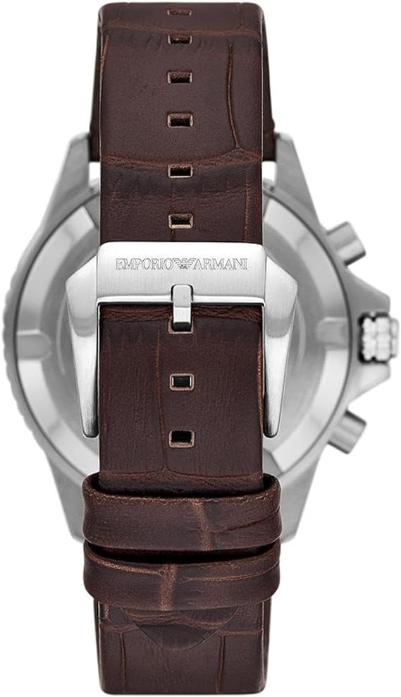 Caseback view of Emporio Armani AR11486 watch with stainless steel and brown leather strap