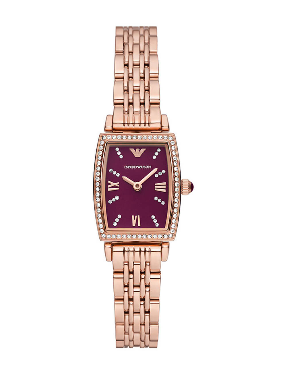 Emporio Armani AR11488 burgundy dial ladies watch with crystal-set rose gold bezel and bracelet