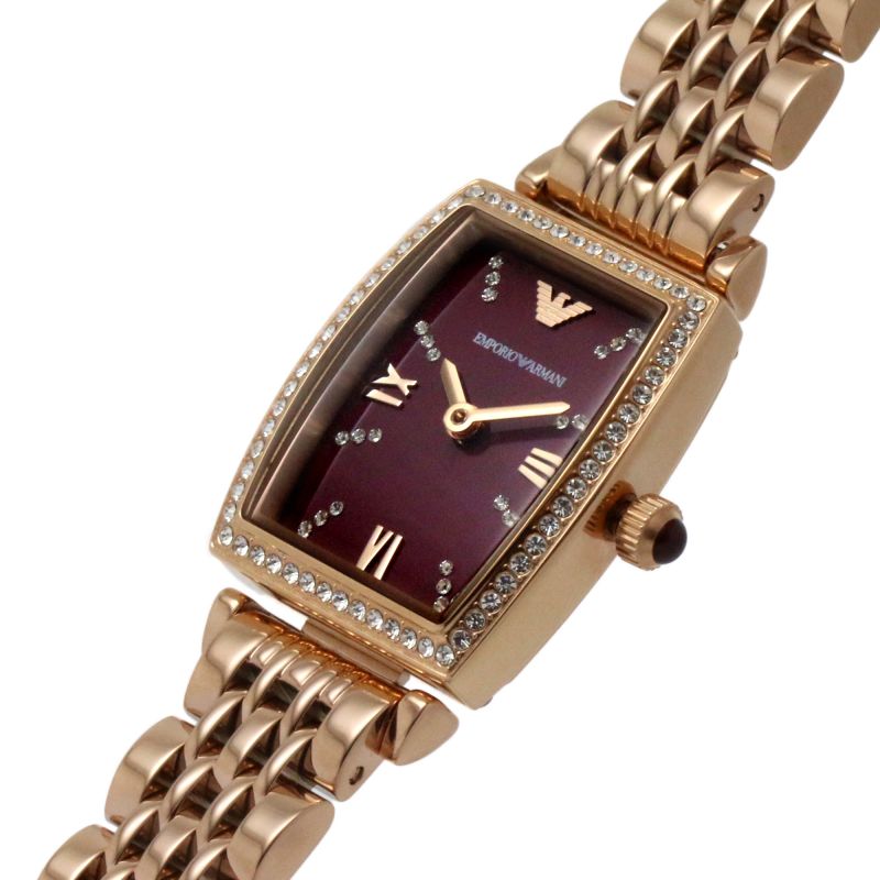 Close-up of Emporio Armani AR11488 burgundy dial with Roman numerals and crystal-set bezel
