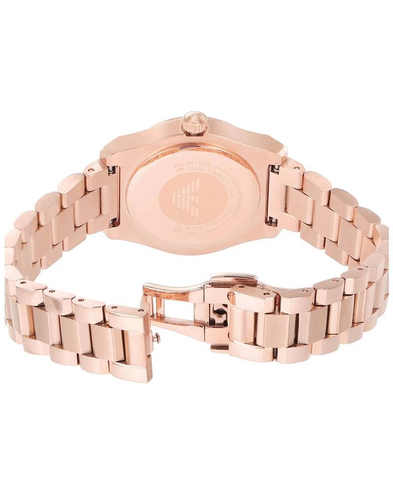 Emporio Armani AR11558 caseback showing rose gold-tone stainless steel case and bracelet