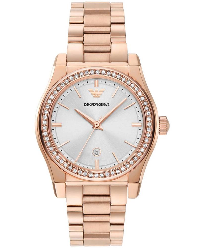 Emporio Armani AR11558 rose gold-tone women watch with three-hand date dial and diamond bezel
