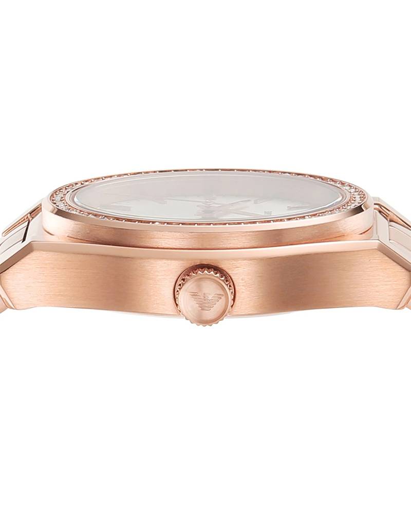 Emporio Armani AR11558 side profile showing rose gold case and crown detail