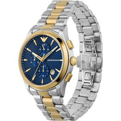 Angled view of Emporio Armani AR11579 watch with blue dial and two-tone bracelet